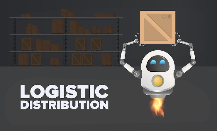 Vector logistic distribution. the flying robot picks up the box. large warehouse with pallets, wooden and cardboard boxes. vector illustration.
