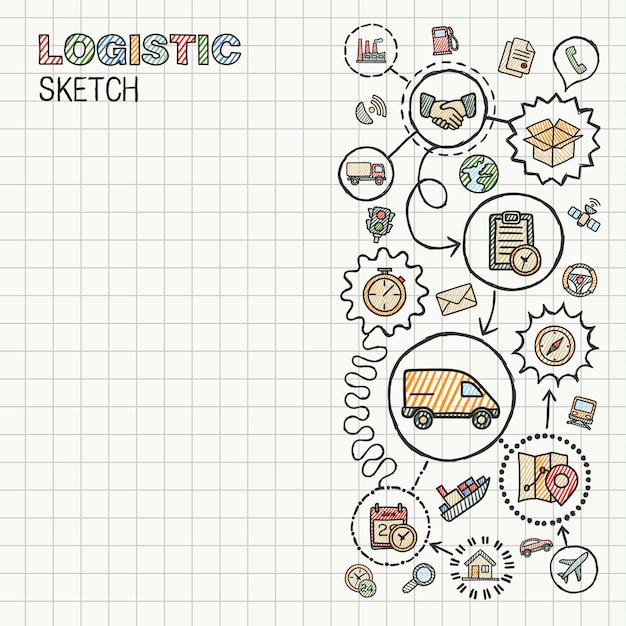 Logistic hand draw integrated icons set on paper. Colorful  sketch infographic illustration. Connected doodle color pictogram. distribution, shipping, transport, services interactive concept