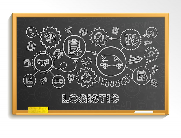 Icone integrate di tiraggio della mano logistica messe sul consiglio scolastico. schizzo illustrazione infografica. pittogramma doodle collegato, distribuzione, spedizione, trasporto, servizi, concetti interattivi del contenitore