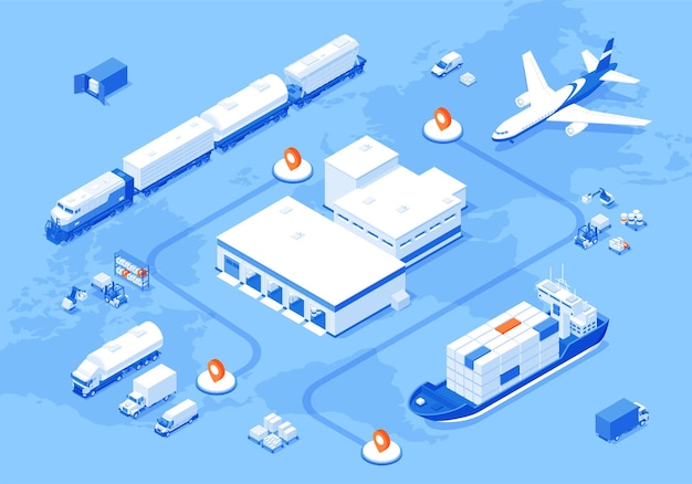 Mappa logistica modo di consegna spedizione internazionale camion aereo treno marittimo vettore isometrico