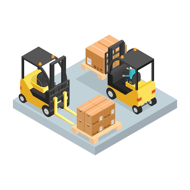 Vector logistic service business concept 3d isometric view include of loader and pallet vector illustration of logistics elements