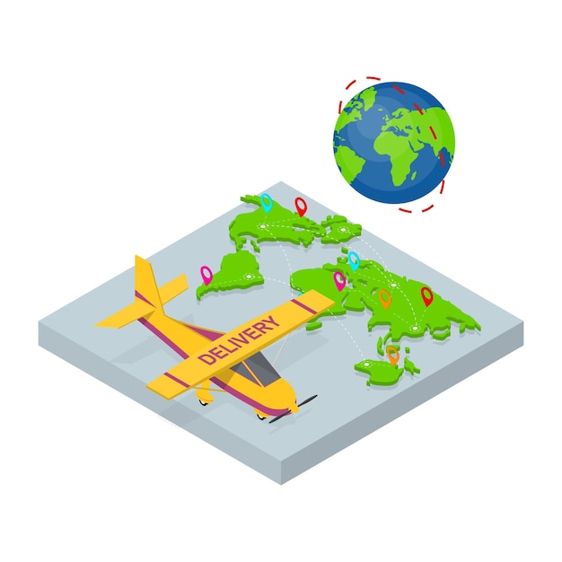 Vettore il concetto aziendale di servizio logistico la vista isometrica 3d include l'aereo e la mappa illustrazione vettoriale degli elementi logistici