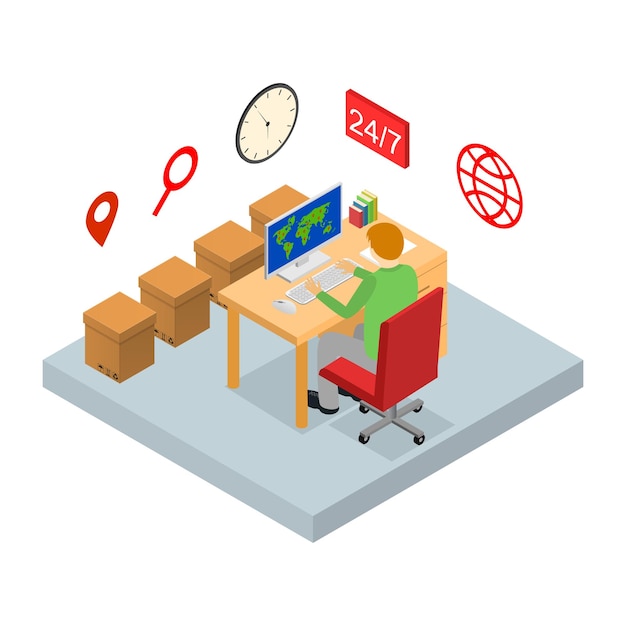 Logistic Service Business Concept 3d Isometric View Include of Workplace in Office Vector illustration of Logistics Elements