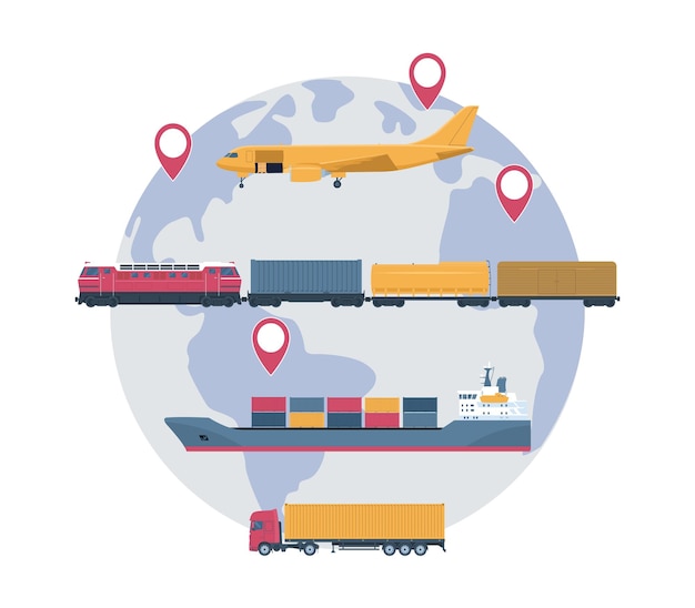 Logistic service concept world map truck cargo ship train and cargo plane vector illustration