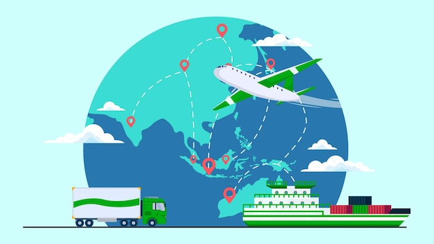 Vettore logistic ship truck and plane green (camione logistico e aereo verde)