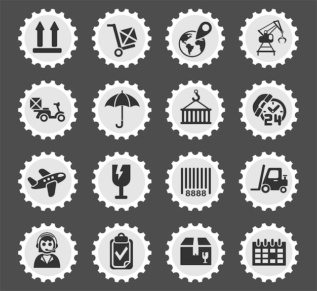 Logistic symbols on a round postage stamp stylized icons