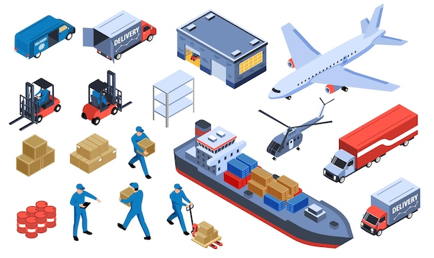 Vector logistic transportation isometric set of delivery trucks ships and airplanes isolated icons vector illustration