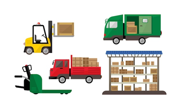 Vettore logistica e trasporto magazzino e spedizione carico consegna deposito vettoriale illustrazione isolato su sfondo bianco