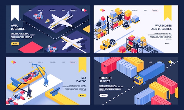Logistic and warehouse service isometric illustration sea\
cargo, delivery and air transportation landing web page set