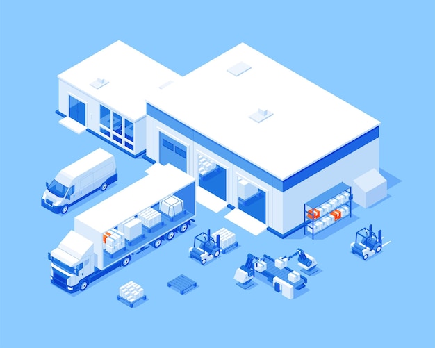 Vector logistic warehouse with truck transportation forklift and manual robotic staff isometric vector