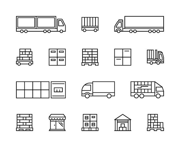 Vector logistics and cargo transportation vector linear icons set logistics icons of cargo vehicles delivery product shop and more