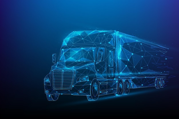 Logistica carico camion trasporto low poly. concetto di wireframe di spedizione aziendale in tutto il mondo.