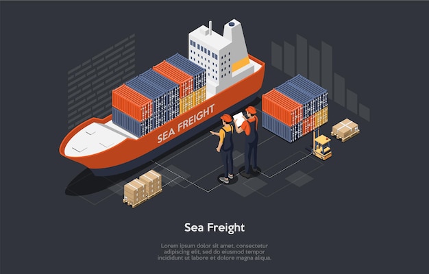 Концепция логистики. набор грузового корабля, контейнеров, рабочих. морские перевозки. плоский стиль.