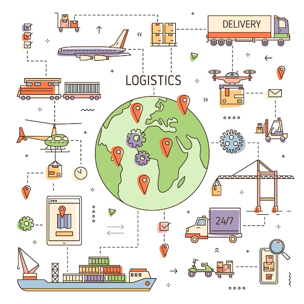 화물 차량과 물류 개념, 운송은 무역 상품을 제공합니다. 화물 운송, 국제 배송, 전세계, 글로벌 배송. 현대 라인 아트 스타일의 컬러 벡터 일러스트 레이 션.