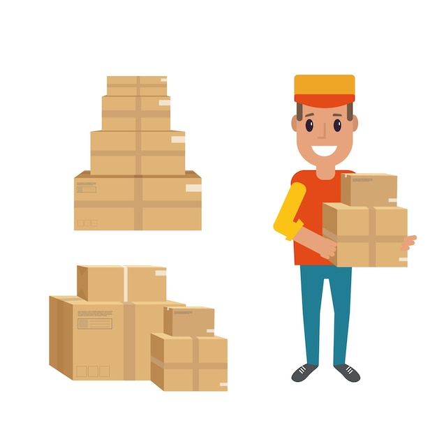 Logistics and delivery icon service isolated on white background smiling couriers with packages box parcel Postal service creative design Vector flat illustration