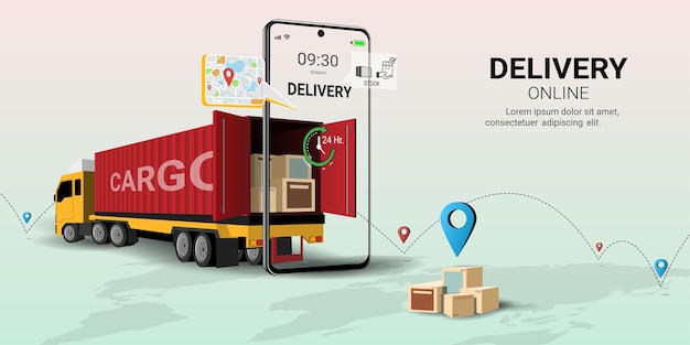 Logistics and delivery online service on mobile Global logistic Online order Truck warehouse and parcel box Concept  for website or banner 3D Perspective Vector illustration