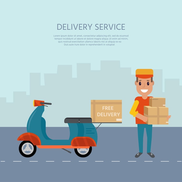 Logistics and delivery service concept motorbike smiling couriers with packages scooter building and city background Postal service creative icons design Vector flat illustration