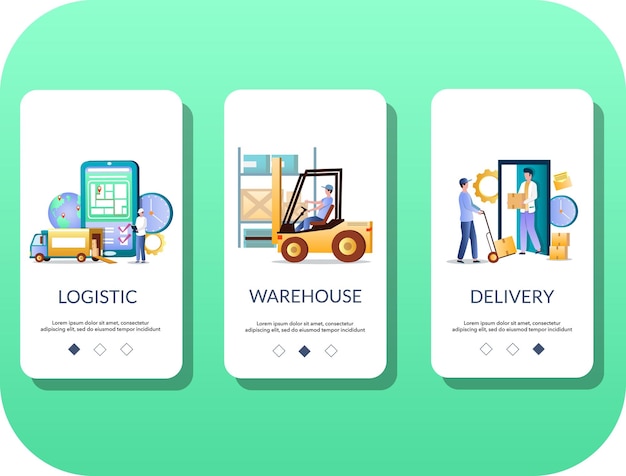 Logistics mobile app onboarding screens vector template