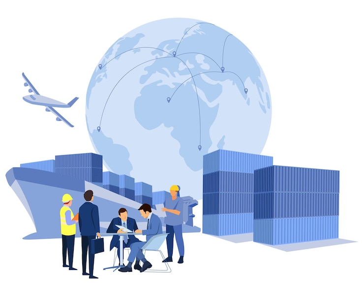 Vector logistics and shipping of container truck at ship port for business container cargo ship and cargo plane with crane bridge working at shipyard at sunrise logistics import export and shipping