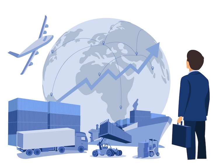 Vector logistics and shipping of container truck at ship port for business container cargo ship and cargo plane with crane bridge working at shipyard at sunrise logistics import export and shipping
