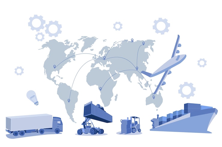 Vector logistics and shipping of container truck at ship port for business container cargo ship and cargo plane with crane bridge working at shipyard at sunrise logistics import export and shipping