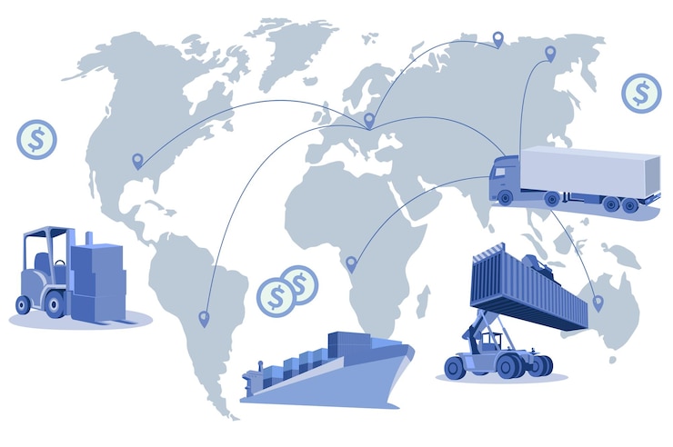 Vector logistics and shipping of container truck at ship port for business container cargo ship and cargo plane with crane bridge working at shipyard at sunrise logistics import export and shipping