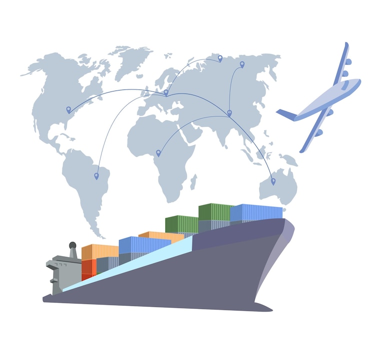 Vector logistics and shipping of container truck at ship port for business container cargo ship and cargo plane with crane bridge working at shipyard at sunrise logistics import export and shipping