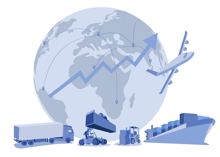 Vector logistics and shipping of container truck at ship port for business container cargo ship and cargo plane with crane bridge working at shipyard at sunrise logistics import export and shipping