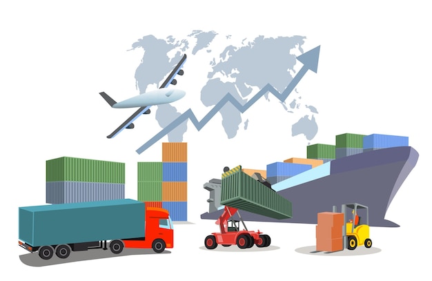 logistics and shipping of container truck at ship port for business container cargo ship and cargo plane with crane bridge working at shipyard at sunrise logistics import export and shipping