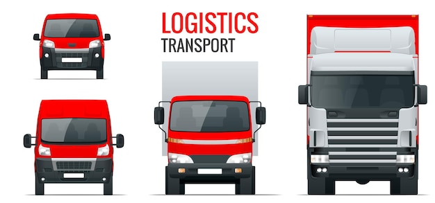 ロジスティクス輸送。フロントビュートラックトレーラー、セミトラック、貨物配送、バン、ミニバン。ブランク貨物配送トラック。白に設定された孤立した貨物車。