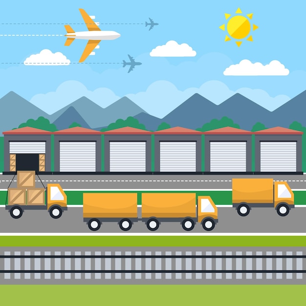 Logistics vector creative flat concept illustration,delivery transport, planes, cargo trains , for posters and banners