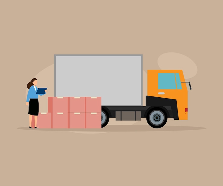 Vector logistics worker and courier loading truck