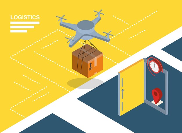 Logistiek en levering isometrische drone met doos- en deurontwerp, transportverzending en servicethema