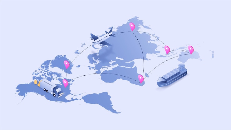 Vector logistiek volgproces van de wereldkaart via vliegtuigvrachtwagen en verzending 3d isometrische illustratievector