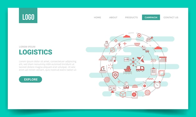 Logistiekconcept met cirkelpictogram voor websitesjabloon of startpagina van de bestemmingspagina