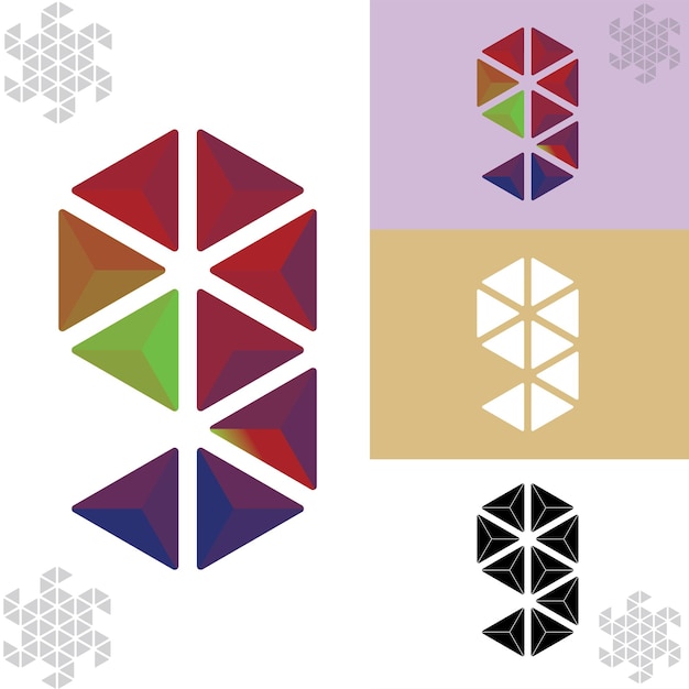 Vector logo 9 negen logo sembilan-constructie van driehoekig symmetrisch logo 9