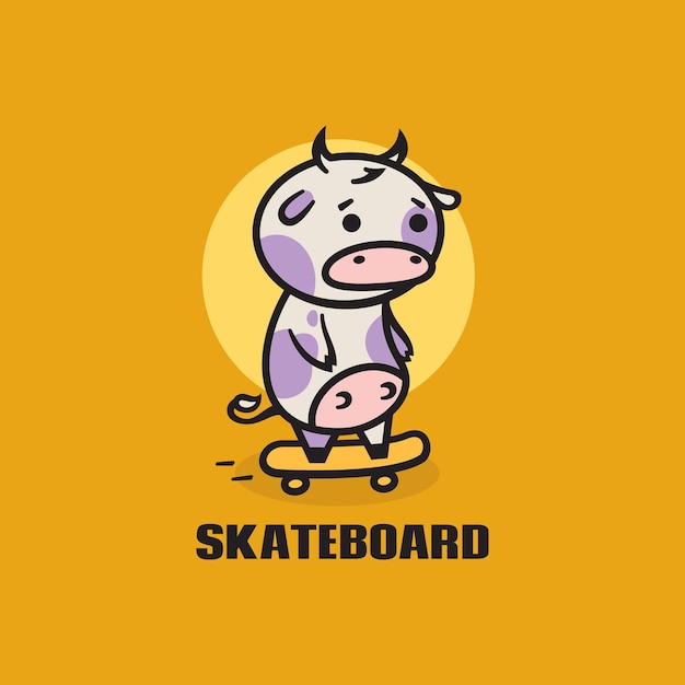 Logo afbeelding koe skateboard eenvoudige mascotte stijl.