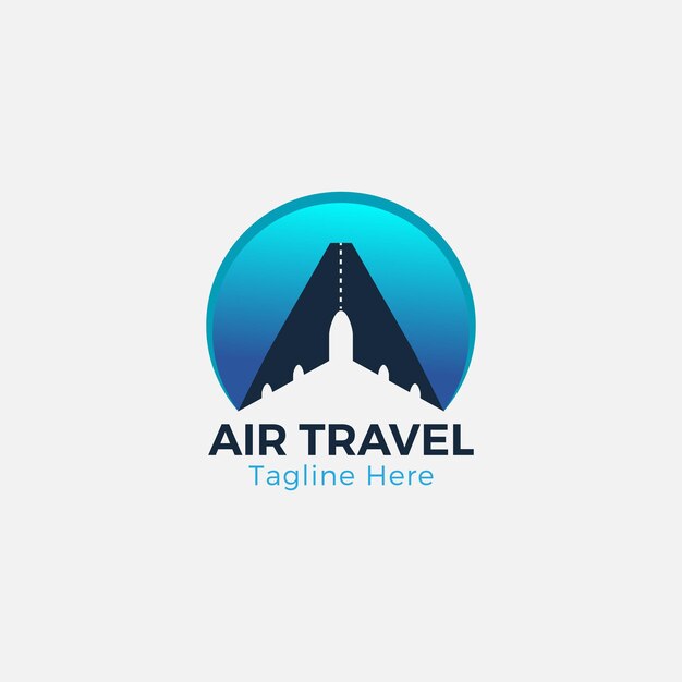 Vector logo for air travel with a plane and a city below it.