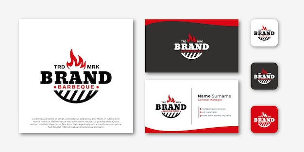 Logo barbecue with flame logo design template with business card design premium