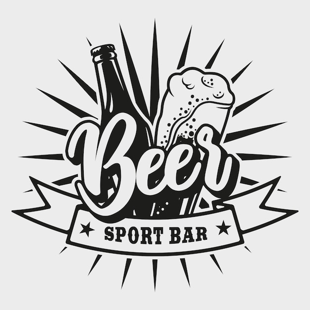 Logo per beer bar con bottiglia e vetro su sfondo bianco.