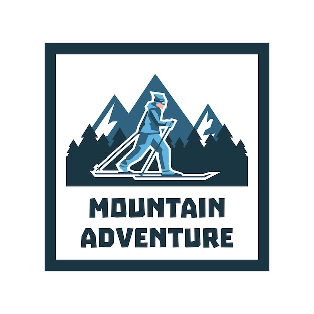 Logo berg avontuur Label stempel Winterlandschap besneeuwde bergen het bos de skiër wandelen in de sneeuw Sport levensstijl Vectorillustratie