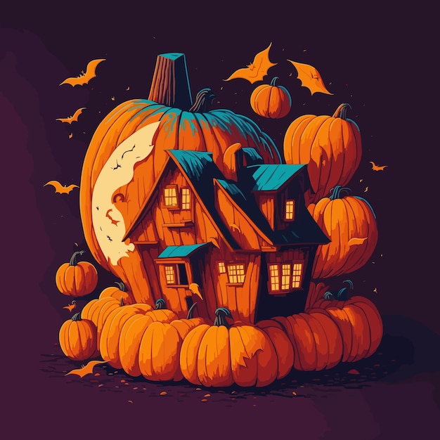 A logo of an Big a pumpkin house from Halloween