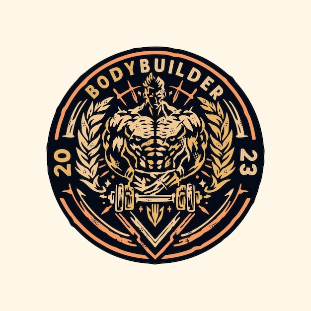 A logo for a bodybuilder with a gold circle and a man with a barbell