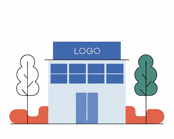 Vector logo-bouw in landschap met platte ontwerpillustratie