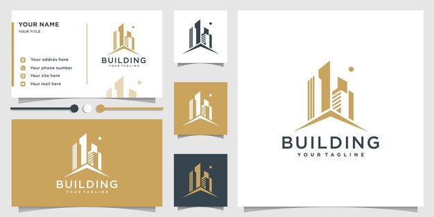 Logo bouwen met modern uniek concept en visitekaartjeontwerp Premium Vector