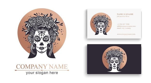 Логотип в стиле Калавера Dia de los muertos День мертвых - мексиканский праздник Девушка с цветами в волосах и Женщина с макияжем Сахарный череп
