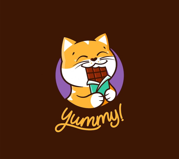 The logo Chocolate yummy. Logotype cat eat chocolate.