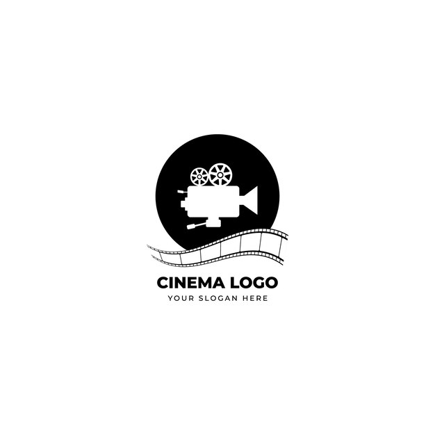 A logo for cinema logo with a camera and a film strip on a white background