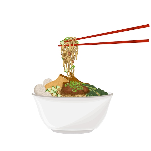 logo clipart ready to eat mie ayam bakso or indonesian chicken noodles with meatball and chopstick