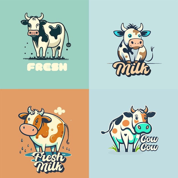 Vector logo collection of cute cow face cow milk cartoon mascot logo illustration